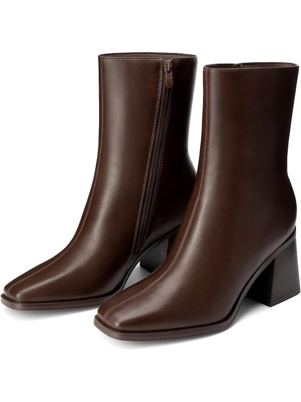 Women's Chocolate Faux Leather Side Zipper Square Toe Ankle Block Heel Boots